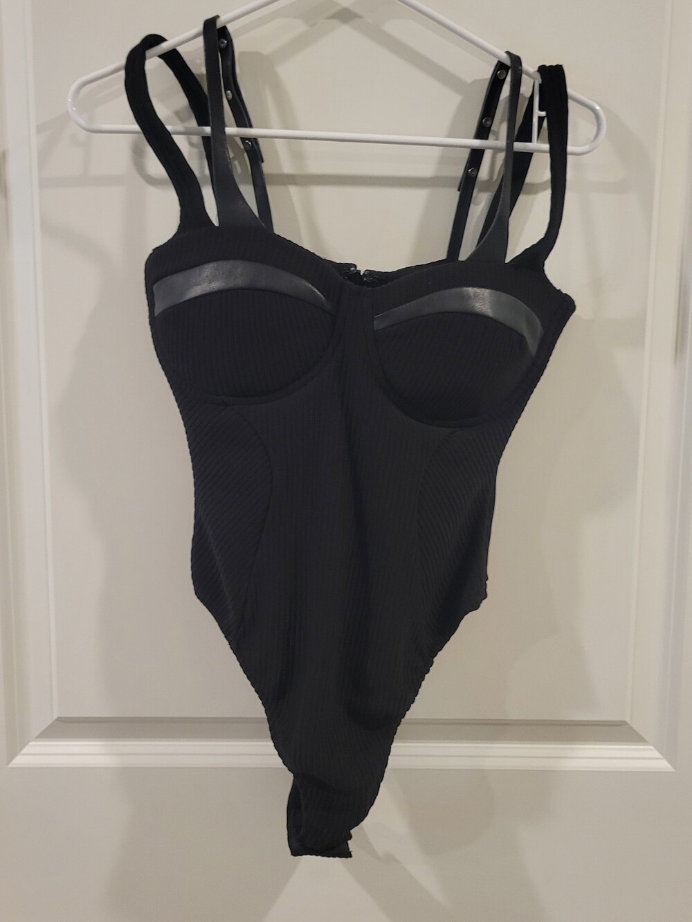 NWT Maniere De Voir Faux Vegan Leather Twin Strap One Piece Tank Bodysuit Black